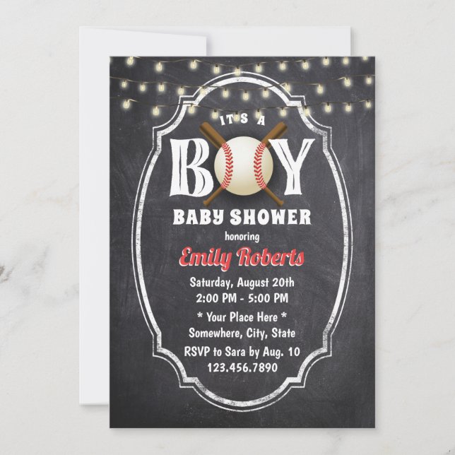 Invitation Baby shower de baseball Boy Rustic Chalkboard (Devant)