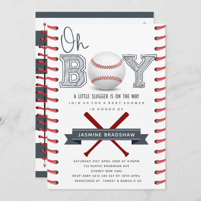 Invitation Baby shower de baseball Oh Boy (Devant / Derrière)