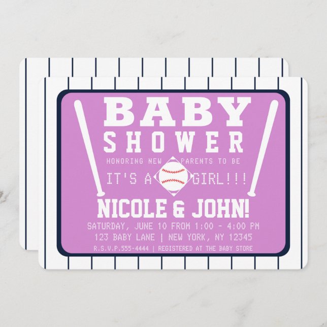Invitation Baby shower de baseball Purple Blue White Pinstrip (Devant / Derrière)