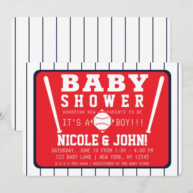 Invitation Baby shower de baseball Red Blue & White Pinstripe (Devant / Derrière)
