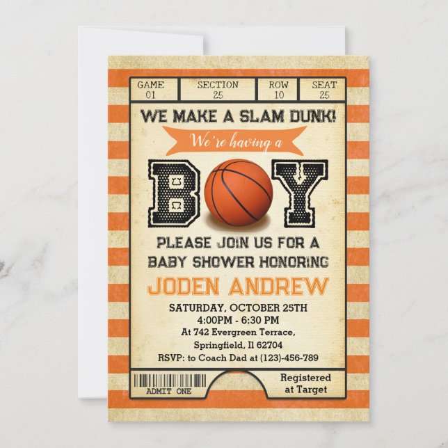 Invitation Baby shower de basket-ball sport personnel (Devant)
