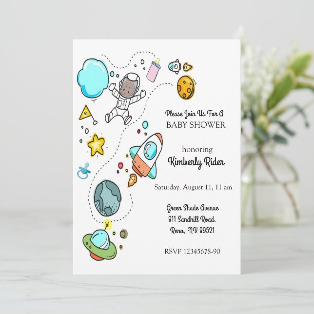 Invitation Baby shower de bébé astronaute (Debout devant)