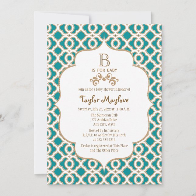Invitation Baby shower de bébé marocain Turquoise et Gold (Devant)