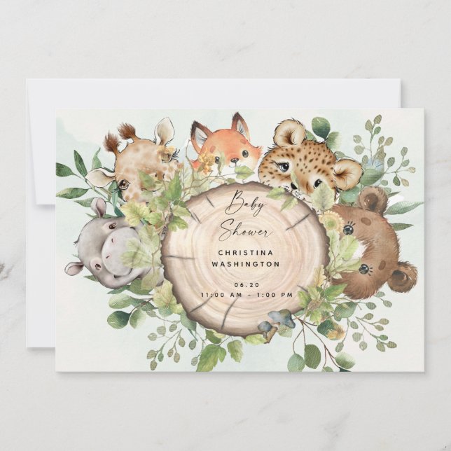 Invitation Baby shower de Bébés animaux en bois mignons (Devant)
