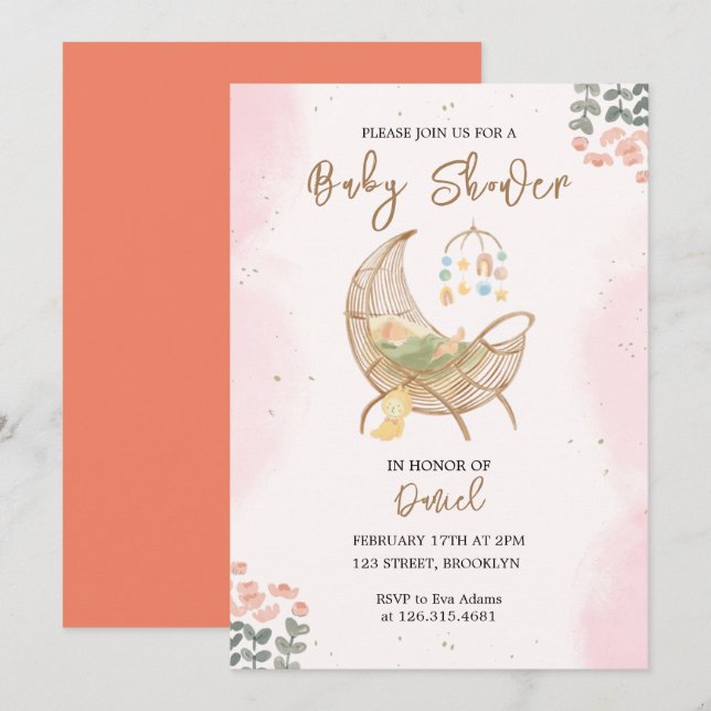 Invitation Baby shower de berceau rose et Brown (Devant / Derrière)