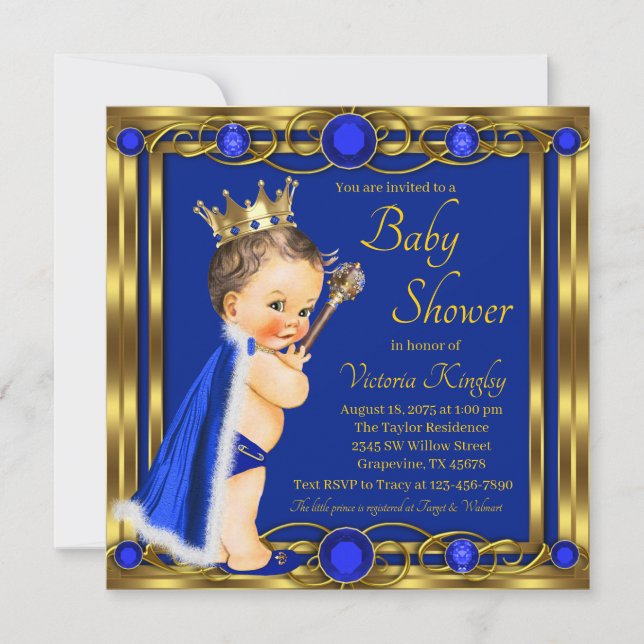 Invitation Baby shower de bijoux Blue Gold Prince (Devant)