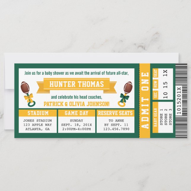 Invitation Baby shower de billets de sport, Vert,  (Devant)