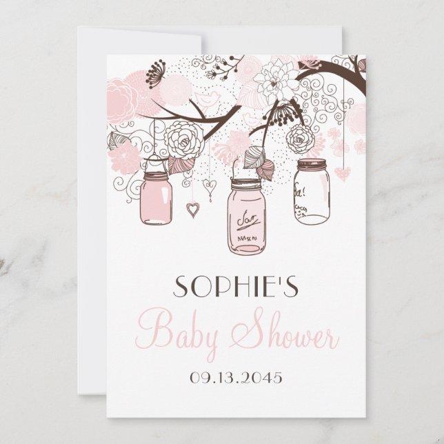 Invitation Baby shower de bocaux et de fleurs en Mason rose (Devant)