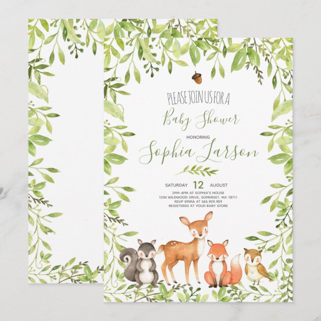 Invitation Baby shower de bois Animaux forestiers (Devant / Derrière)
