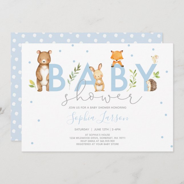 Invitation Baby shower de bois Animaux forestiers (Devant / Derrière)