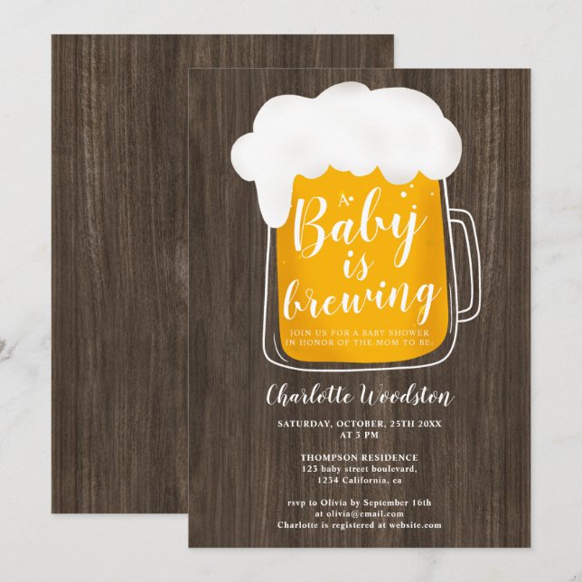 Invitation baby shower de bois brun brun brun pour bébé amusa (Devant / Derrière)