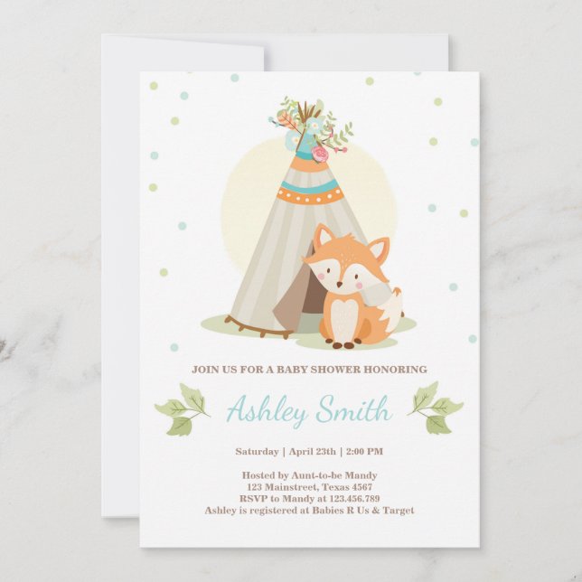 Invitation baby shower de bois Fox Teepee pow wow (Devant)