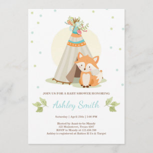 Invitation baby shower de bois Fox Teepee pow wow