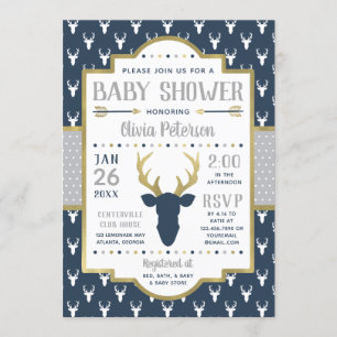 Invitation Baby shower de bois, Marine, Grey, Or