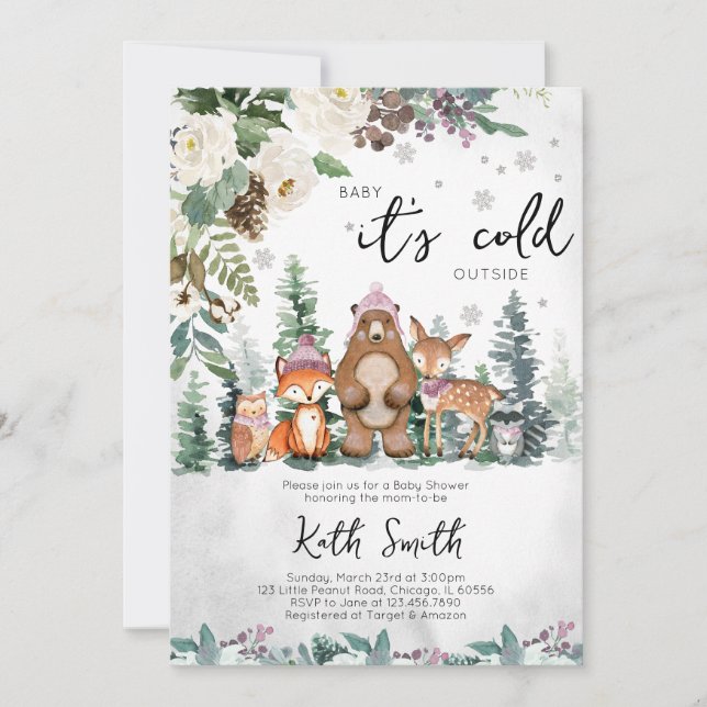 Invitation Baby shower de bois rose hiver (Devant)