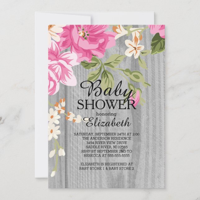 Invitation Baby shower de bois rose rustique (Devant)
