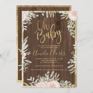 Invitation Baby shower de bois rustique bordé d'or fleuri ros