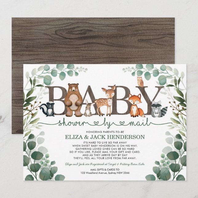 Invitation Baby shower de bois rustique vert par courrier (Devant / Derrière)
