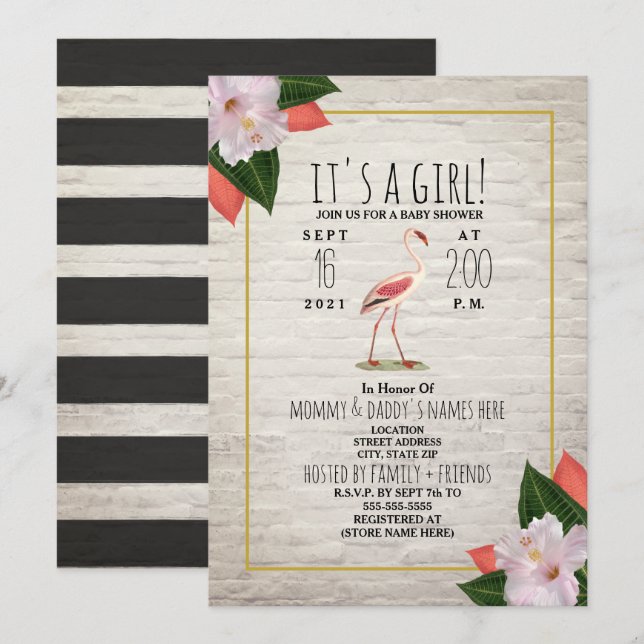 Invitation Baby shower de bois tropical du Flamant rose de br (Devant / Derrière)