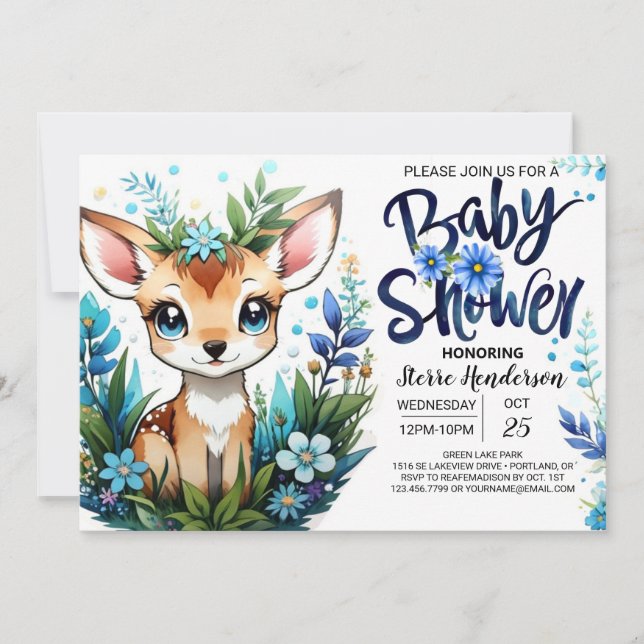 Invitation Baby shower de bois Whimsical Blue Fawn pour garço (Devant)