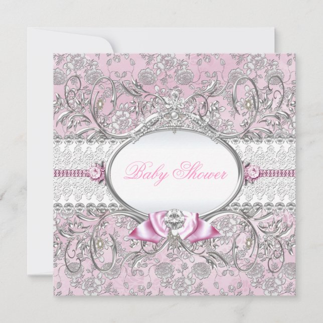 Invitation Baby shower de boue florale rose et arg (Devant)
