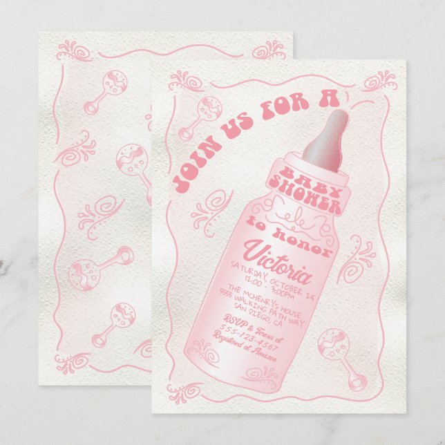 Invitation Baby shower de bouteille pour bébé tiré à la main (Devant / Derrière)