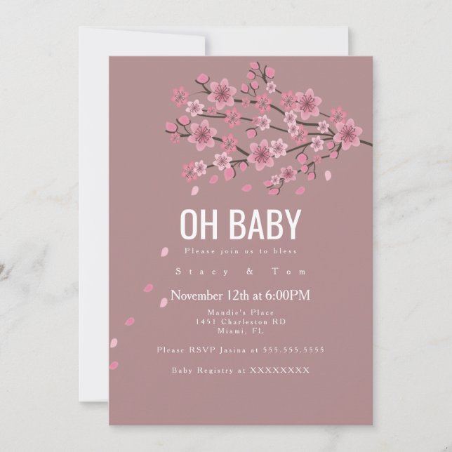 Invitation Baby shower de branches roses en fleurs de cerisie (Devant)