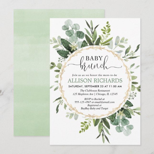 Invitation Baby shower de Brunch, Eucalyptus neutre (Devant / Derrière)