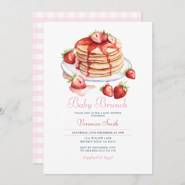 Invitation Baby shower de brunch pour bébé à la fraise Pancak (Devant / Derrière)