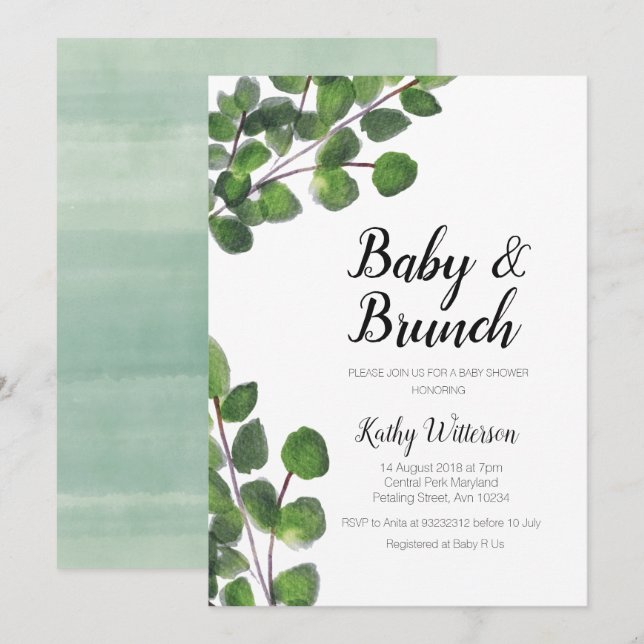 Invitation Baby shower de brunch pour bébé Eucalyptus vert (Devant / Derrière)