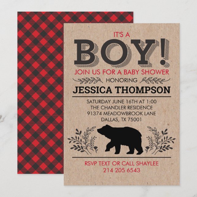 Invitation Baby shower de bûcheron (Devant / Derrière)