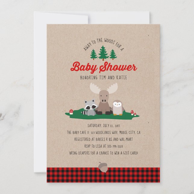 Invitation Baby shower de bûcheron Bois Animaux rustiques (Devant)