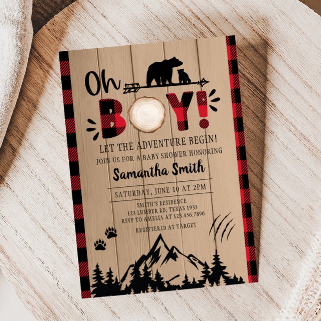 Invitation Baby shower de bûcheron rouge (Red Plaid Bear Baby Shower Invitation)