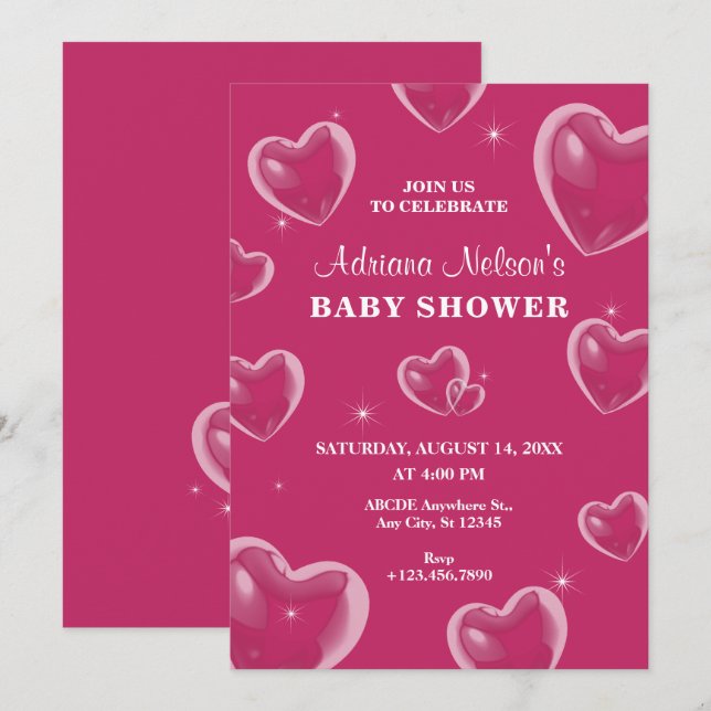 Invitation baby shower de bulles de Coeurs roses (Devant / Derrière)