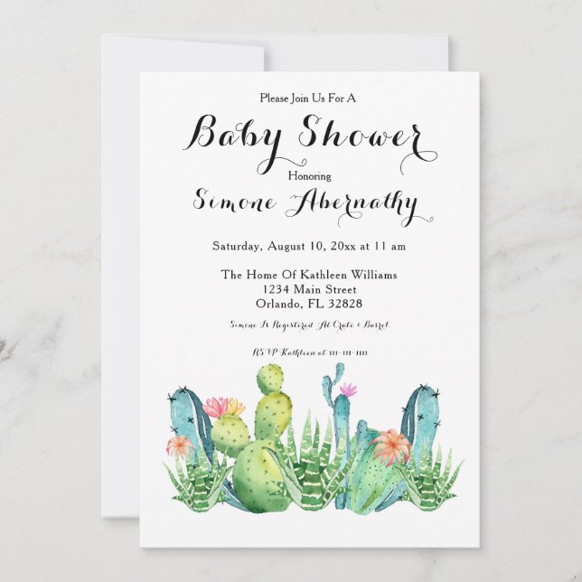 Invitation Baby shower de cactus d'aquarelle (Devant)