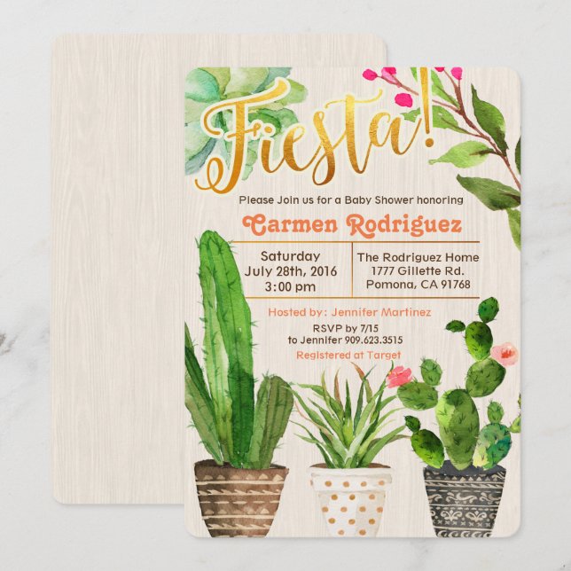 Invitation Baby shower de cactus Succulent Fiesta (Devant / Derrière)
