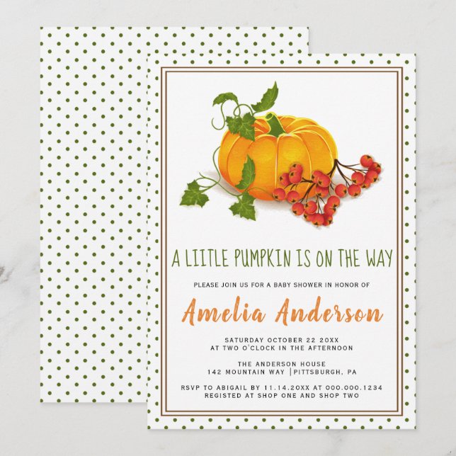 Invitation Baby shower de cadre à pois citrouille et vert (Devant / Derrière)