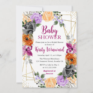 Invitation Baby shower de cadre de fleurs noires violettes or