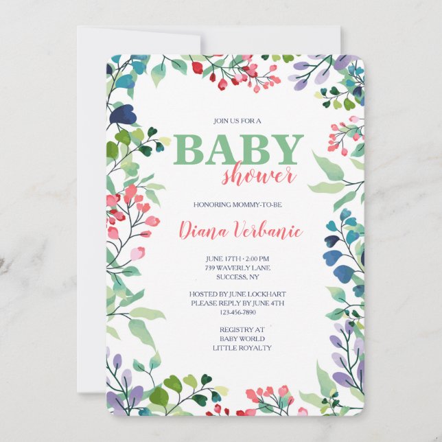 Invitation Baby shower de cadre Floral Aquarelle (Devant)