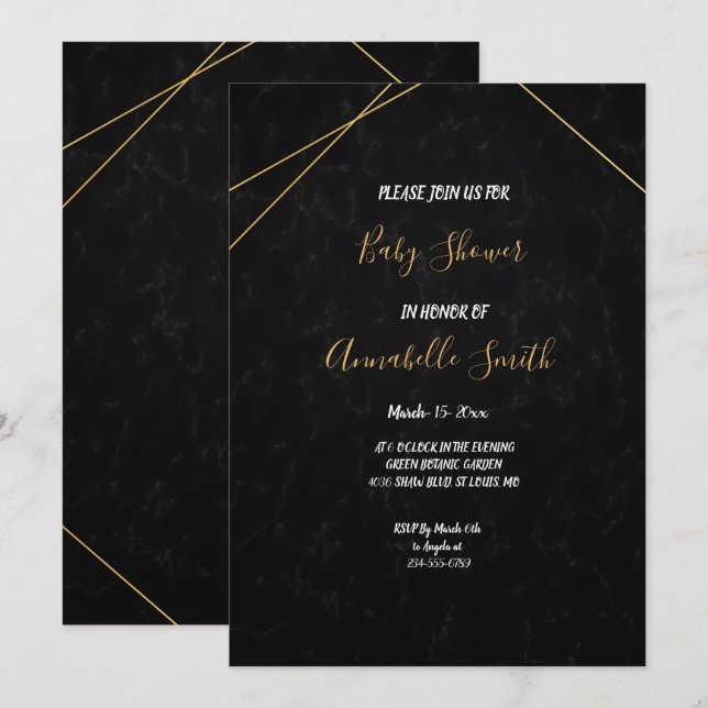 Invitation Baby shower de cadre géométrique noir et or chic (Devant / Derrière)
