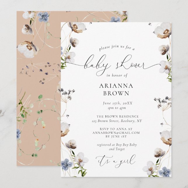 Invitation Baby shower de calligraphie Fleur sauva (Devant / Derrière)
