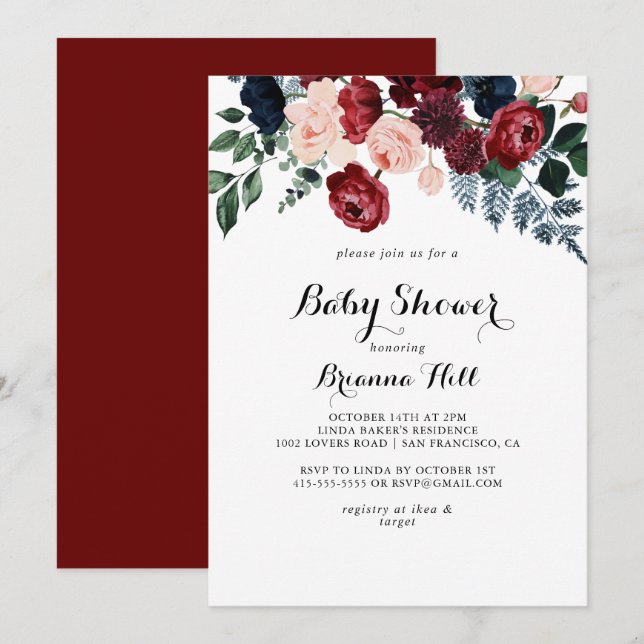 Invitation Baby shower de calligraphie florale de la marine b (Devant / Derrière)
