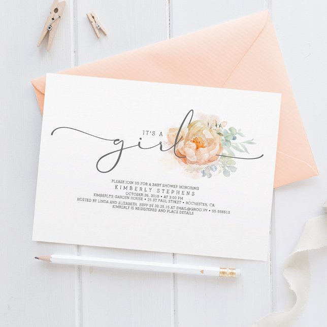 Invitation Baby shower de calligraphie florale de la Pêche et (Créateur téléchargé)