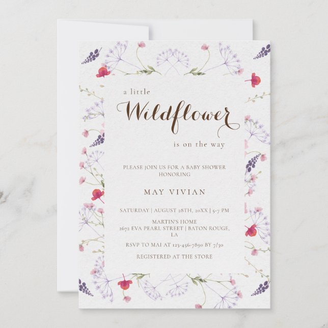 Invitation Baby Shower de calligraphie Petite Fleur Sauvage (Devant)