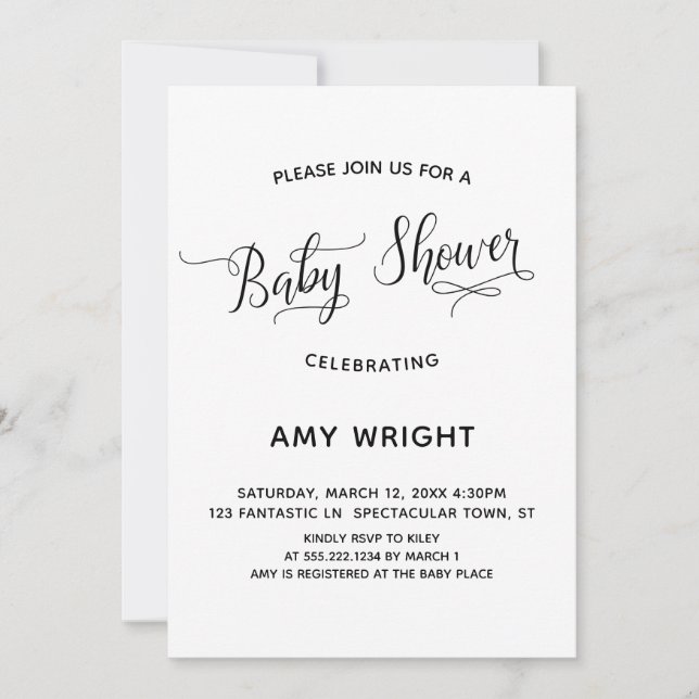 Invitation Baby shower de calligraphie simple et élégant (Devant)
