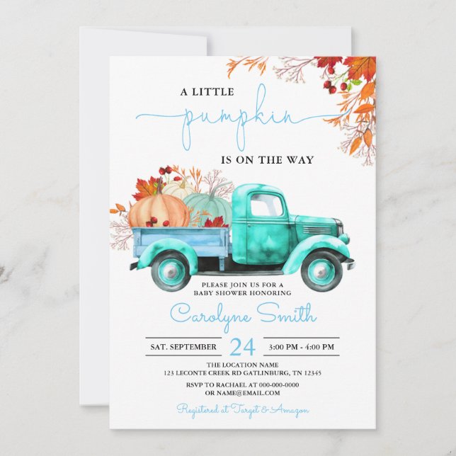 Invitation Baby shower de camion bleu Little Citrouille Fall (Devant)