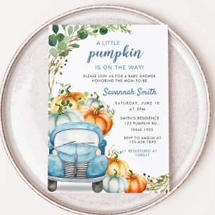 Invitation Baby shower de camion bleu petit Citrouille