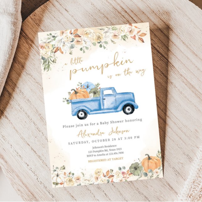 Invitation Baby shower de camion bleu petit Citrouille (Pumpkin Blue Truck Baby Shower Invitation)