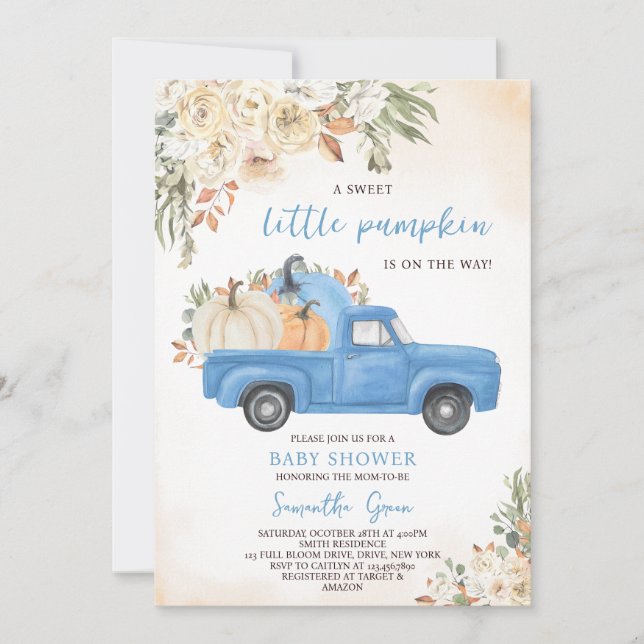Invitation Baby shower de camion Citrouille bleu (Devant)
