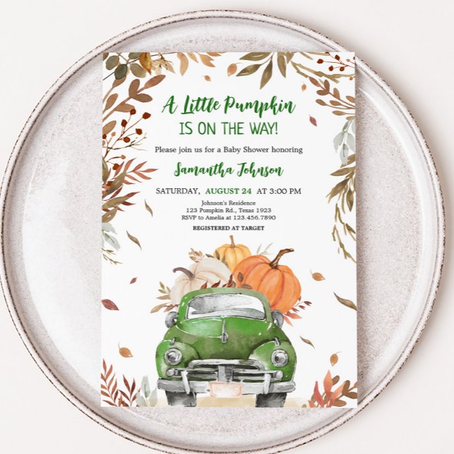 Invitation Baby shower de camion Citrouille de Green Fall (Truck Pumpkin Baby Shower Invitation
)